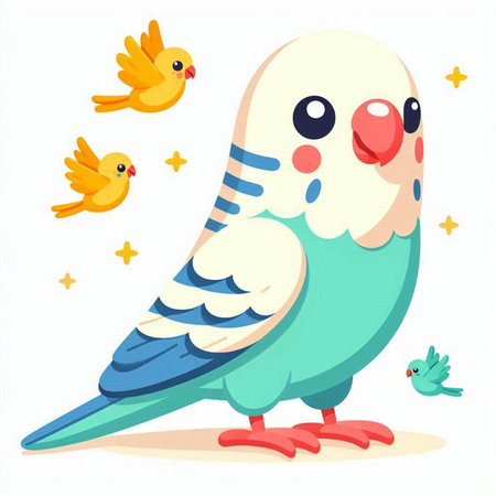 Budgerigar with birds. Vector illustration in cartoon style.のイラスト素材