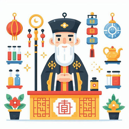 Chinese New Year characters. Traditional symbols. Vector illustration in flat styleのイラスト素材