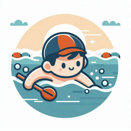 Cute little boy swimming in the sea. Vector cartoon illustration.のイラスト素材