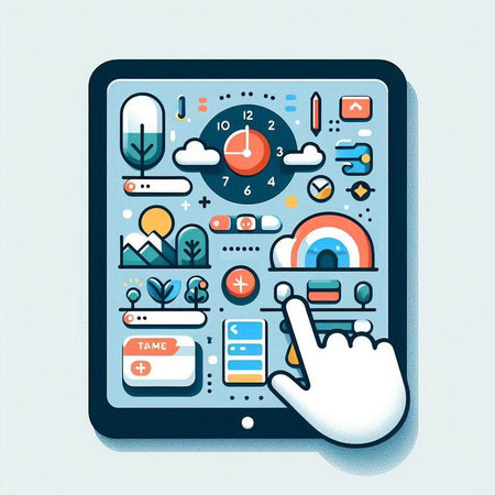 Vector illustration of tablet with social media icons on the screen. Flat styleのイラスト素材