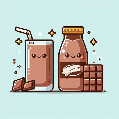 Cute cartoon illustration of chocolate milk bottle and glass with chocolate bar.のイラスト素材
