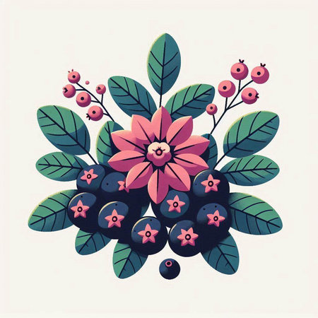 Bouquet of berries with flowers and leaves. Vector illustration.のイラスト素材