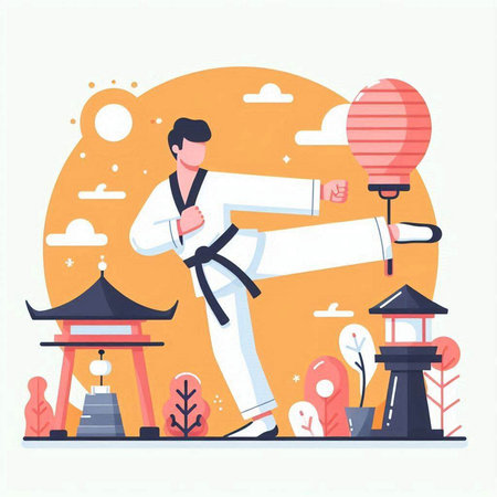 Taekwondo training vector illustration. Man in kimono practicing karate in Japan.のイラスト素材