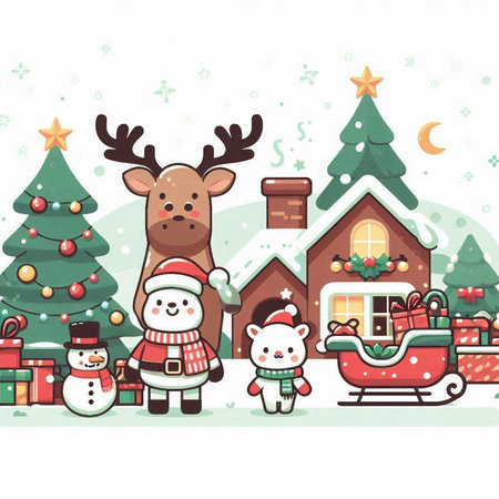 Christmas greeting card with cute reindeer and Santa Claus. Vector illustration.のイラスト素材