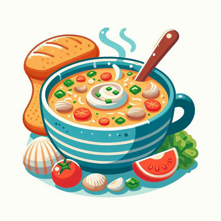 Bowl of soup with vegetables. Vector illustration in cartoon style.のイラスト素材