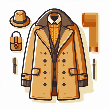 Vector illustration of a man's coat, hat, belt and bagのイラスト素材