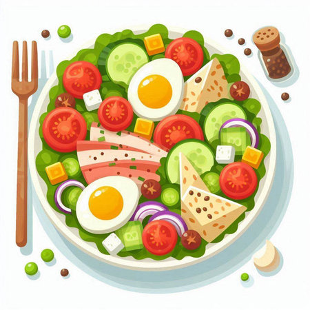 Salad with tuna, cucumber, tomato, onion and feta cheese. Vector illustration in cartoon styleのイラスト素材