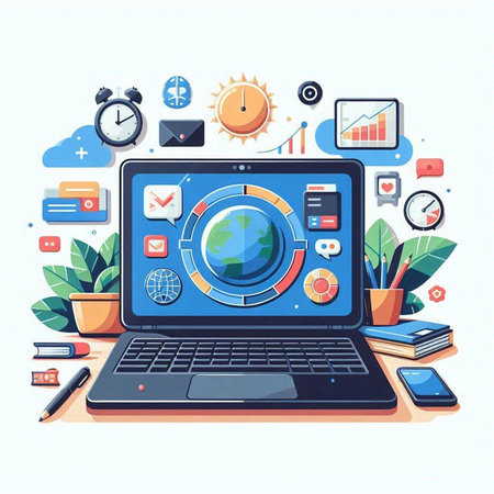 Modern flat design vector illustration concept of video games and entertainment with computer monitor, gamepad, joystick, cactus and other elements.のイラスト素材