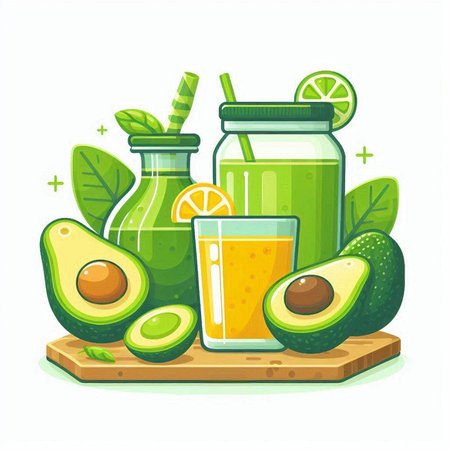 Avocado smoothie in a glass and ingredients. Vector illustration.のイラスト素材