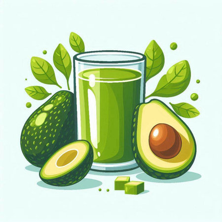 Avocado juice in glass with fresh avocados. Vector illustration.のイラスト素材