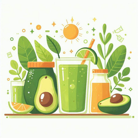 Avocado smoothie and ingredients. Vector illustration in flat style.のイラスト素材