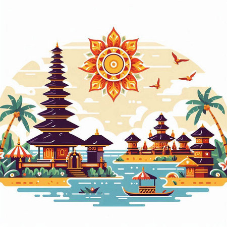 Buddhist temple on the lake. Vector illustration in flat styleのイラスト素材