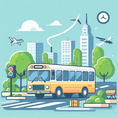 Vector illustration of bus on the background of the city. Flat style.のイラスト素材