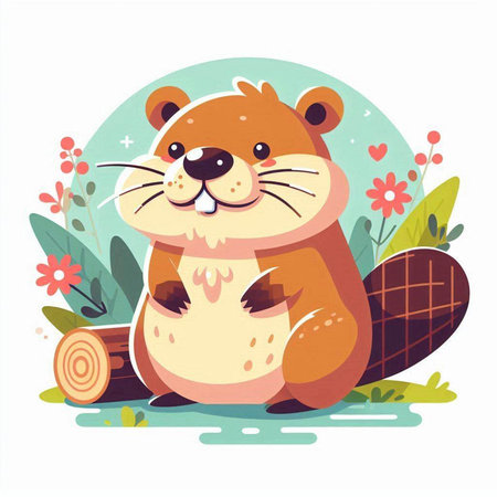 Cute cartoon beaver sitting on a log. Vector illustration.のイラスト素材