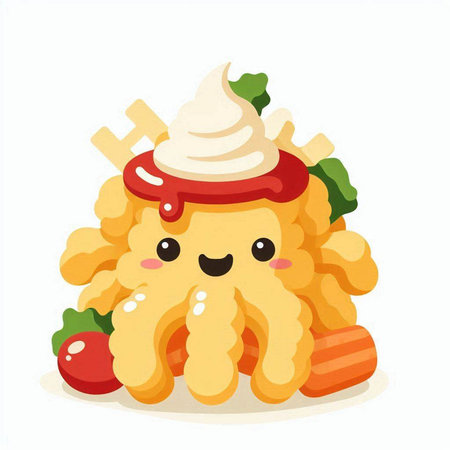 Cute kawaii fried squid with whipped cream. Vector illustrationのイラスト素材