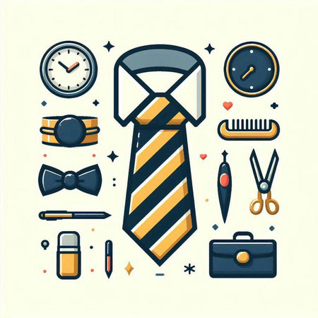 Vector set of business icons in flat linear style - necktie, clock, briefcase, watch, scissors, perfume, bow tie.のイラスト素材