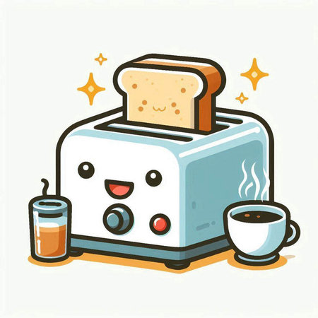 Cute cartoon toaster with cup of coffee, vector illustration.のイラスト素材