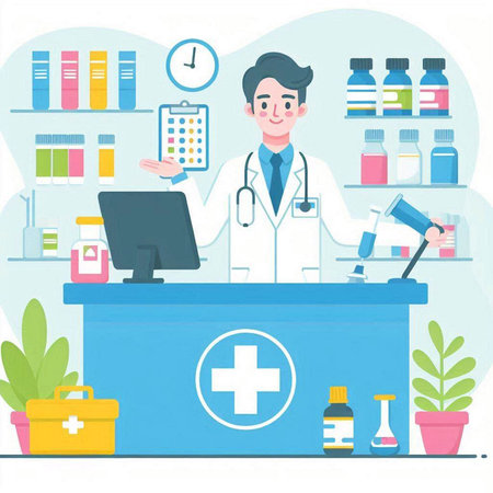 Pharmacist at the reception desk. Flat style vector illustration.のイラスト素材