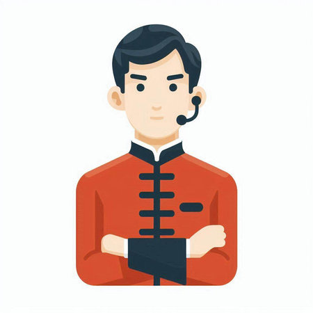 An asian man in a red coat on a white background vector flat design illustration. Square layout.のイラスト素材