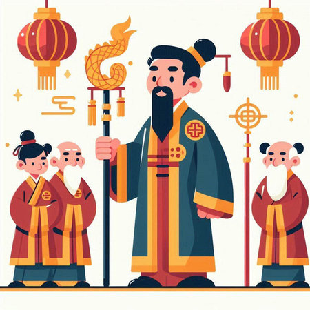 Chinese New Year celebration flat vector illustration. Cartoon man and woman in traditional clothes with chinese lanterns.のイラスト素材