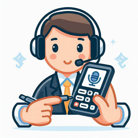 Call center operator with headset and mobile phone. Vector illustration in cartoon style.のイラスト素材