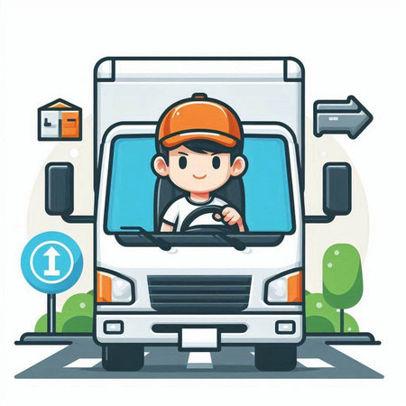 Cute little boy driving a truck on the road. Vector illustration.のイラスト素材