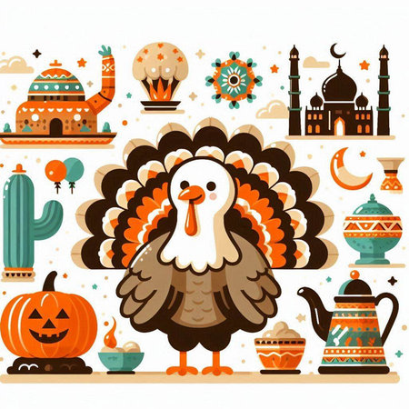 Happy Thanksgiving card with turkey, pumpkins, cacti and other elements. Vector illustration.のイラスト素材