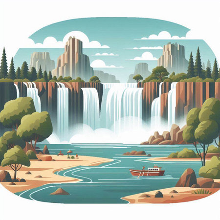 Waterfall in flat style. Vector illustration of a natural landscape.のイラスト素材