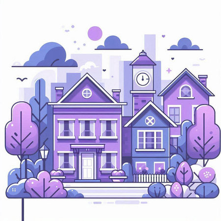Cityscape with houses and trees. Vector illustration in flat style.のイラスト素材