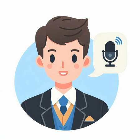Illustration of a man in a suit with a microphone and a speech bubble.のイラスト素材