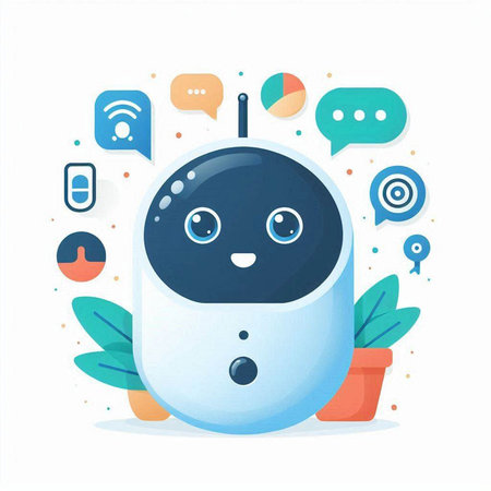 Chatbot. Cute cartoon character with speech bubbles. Vector illustration.のイラスト素材