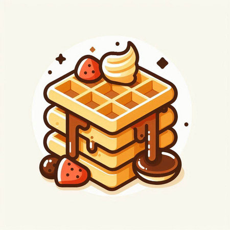 Waffles with chocolate and strawberries. Vector illustration in flat style.のイラスト素材