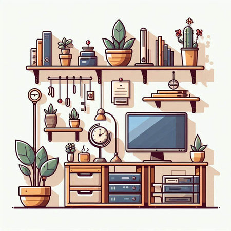 Flat design modern vector illustration concept of home office workspace with furniture and accessories.のイラスト素材