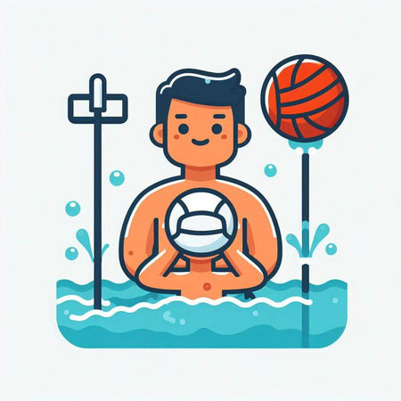 Man with ball in swimming pool. Vector illustration in flat style.のイラスト素材
