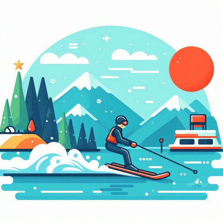 Skiing in the mountains. Vector illustration. Flat style.のイラスト素材