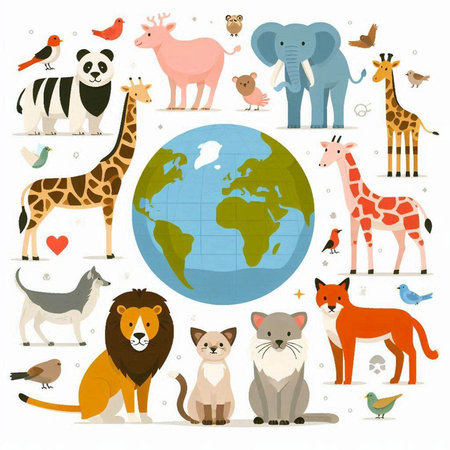 Animals and animals around the world. Vector illustration in flat style.のイラスト素材
