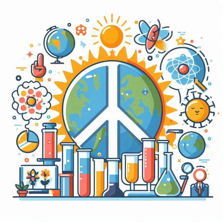 Flat line design vector illustration of science and education concept with globe, microscope, test tube, flask, atom, planet, sun and other elements.のイラスト素材