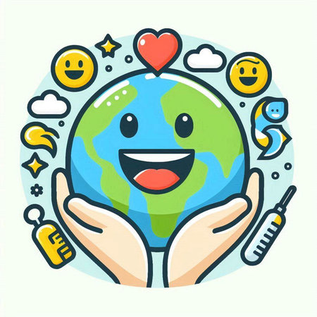 Vector illustration of happy planet earth with smiley face in hands.のイラスト素材
