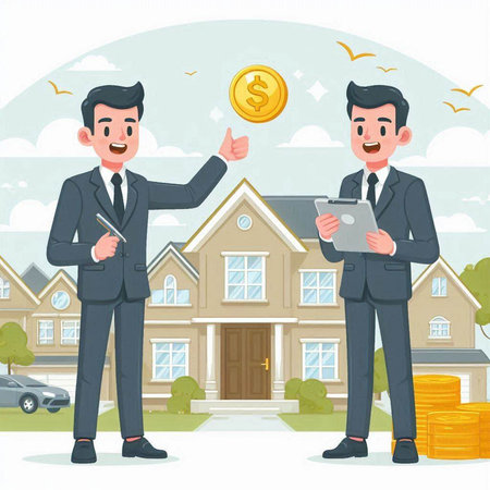 Real estate agent and buyer of a new house. Vector illustration.のイラスト素材