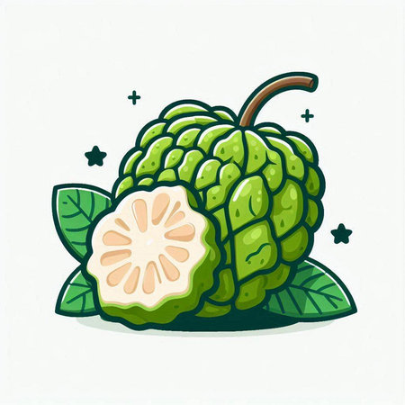 Custard apple with green leaves isolated on white background. Vector illustration.のイラスト素材