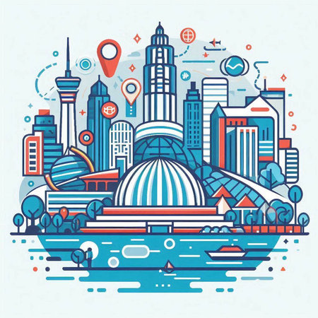 Modern city concept. Urban landscape with skyscrapers, buildings and parks. Vector illustrationのイラスト素材