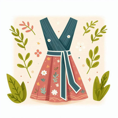 Wedding dress with floral ornament. Vector illustration in flat styleのイラスト素材