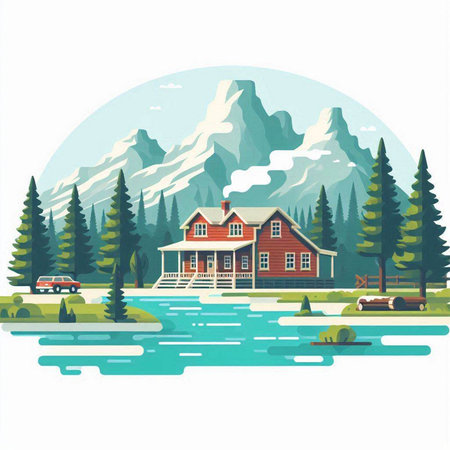 Mountain landscape with a wooden house and a lake. Vector illustrationのイラスト素材