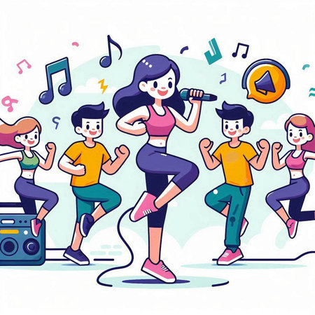Group of people jogging and listening to music. Vector illustration.のイラスト素材