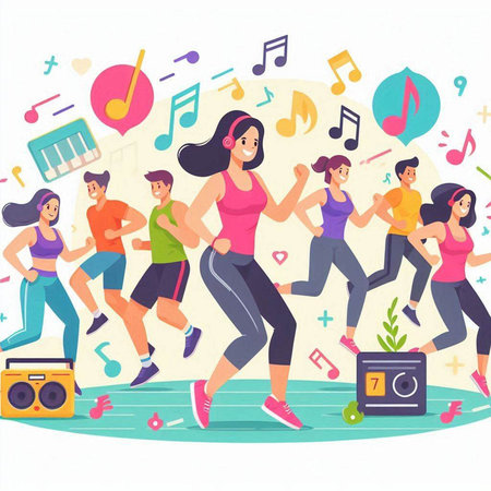 Group of happy people running and listening to music. Vector illustration.のイラスト素材