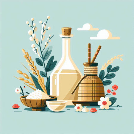 Essential oil in bottle and bowl with herbs. Vector illustration.のイラスト素材
