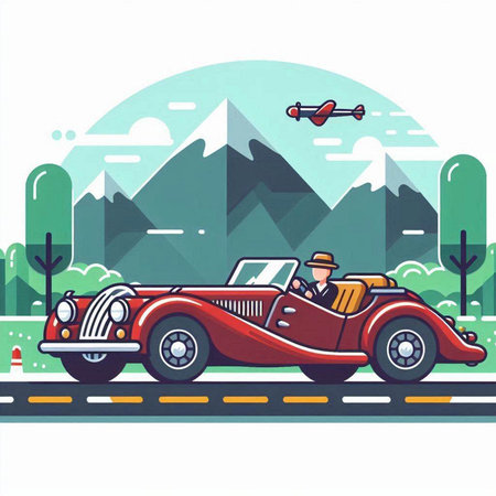 Retro car driving on the road. Vector illustration in flat styleのイラスト素材