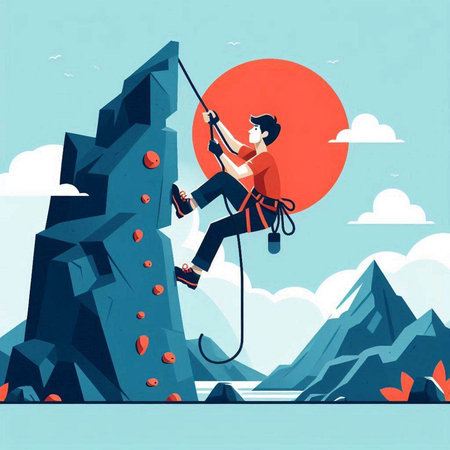 Illustration of a man climbing a rock wall. Vector illustration.のイラスト素材