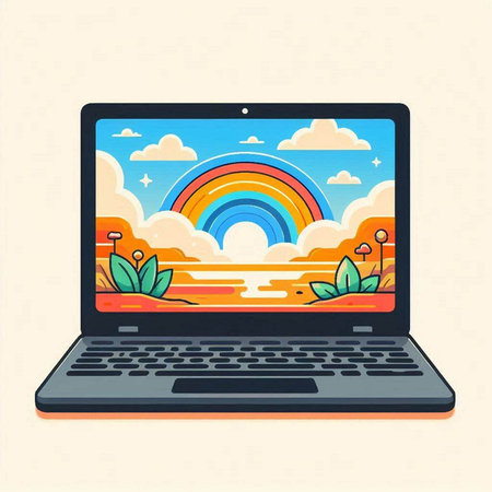 Laptop with rainbow and clouds. Vector illustration in flat style.のイラスト素材