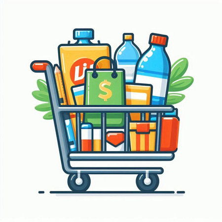 Shopping cart full of grocery products. Vector illustration in cartoon style.のイラスト素材